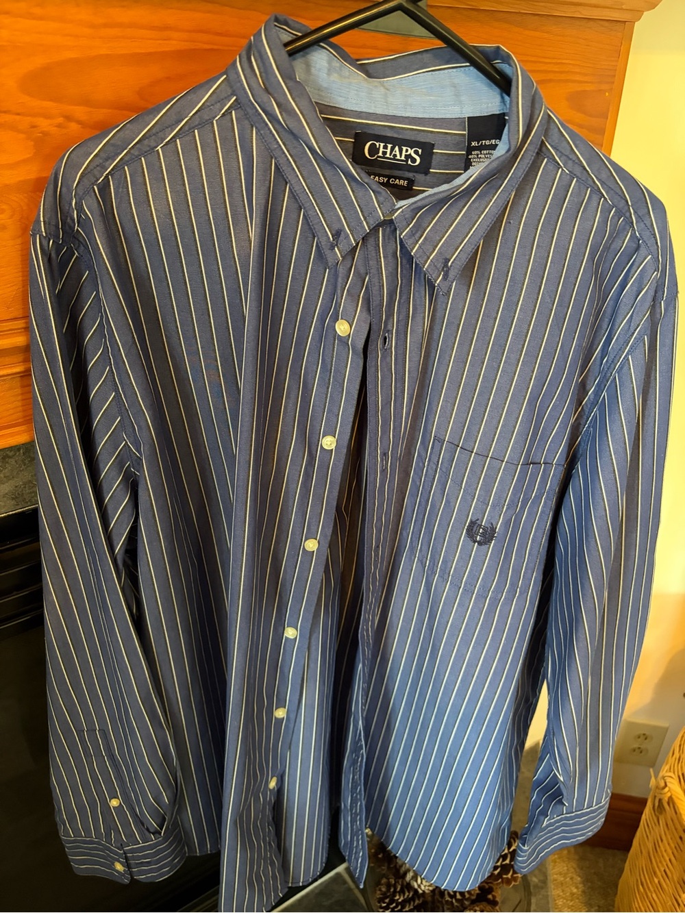 Chaps Men's Navy Blue and White Vertical-Stripe Dress Shirt
